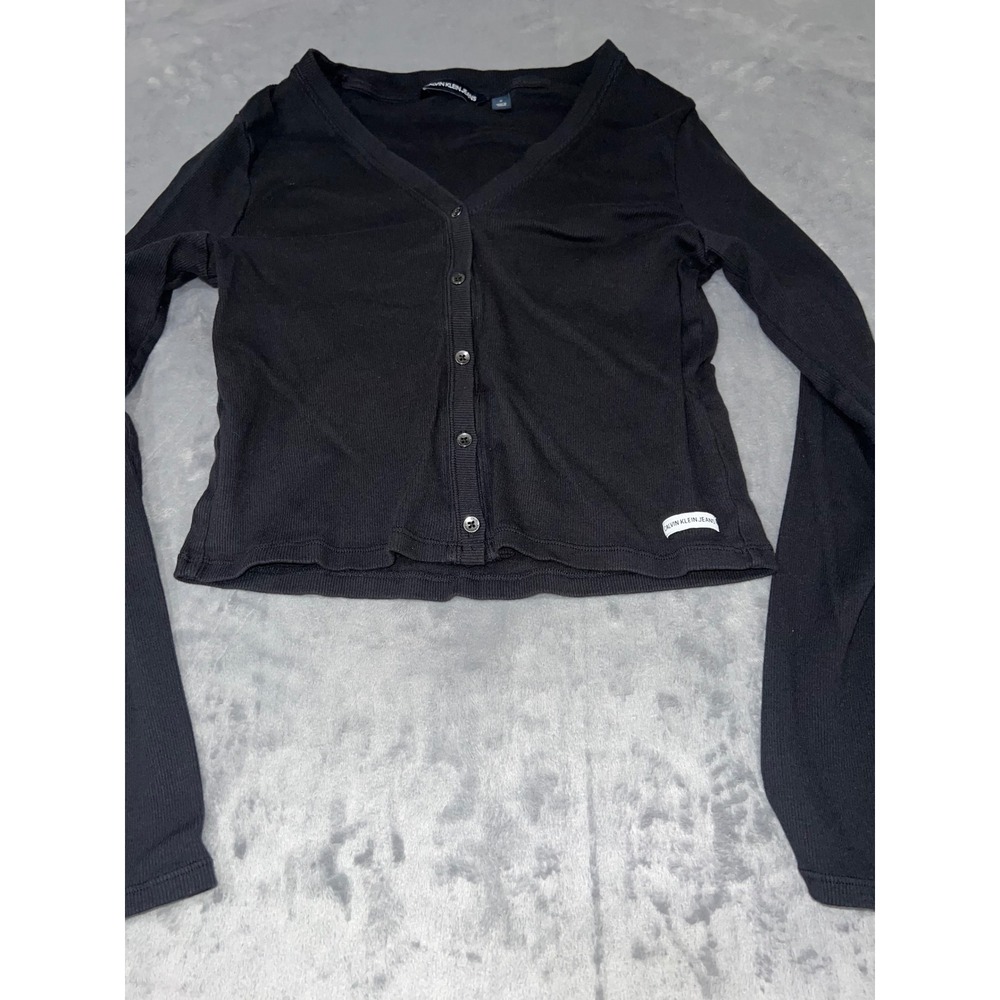 Calvin Klein Jeans Womens Black Ribbed V-Neck Cropped Cardigan Sweater Size M